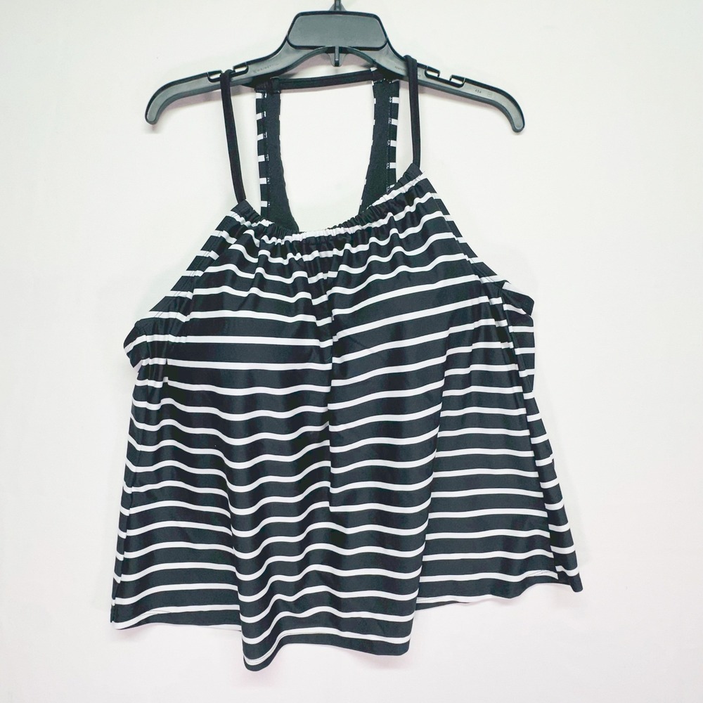 Kona Sol Womens 2X Black White Striped High Neck Racerback‎ Tankini Swim Top
